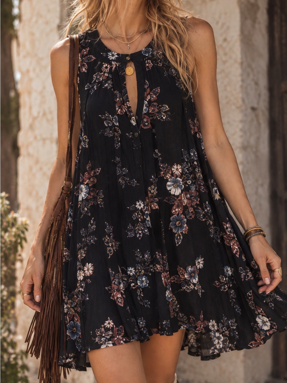 Free People Snap Out of It Tree Swing Floral Mini Dress Black S